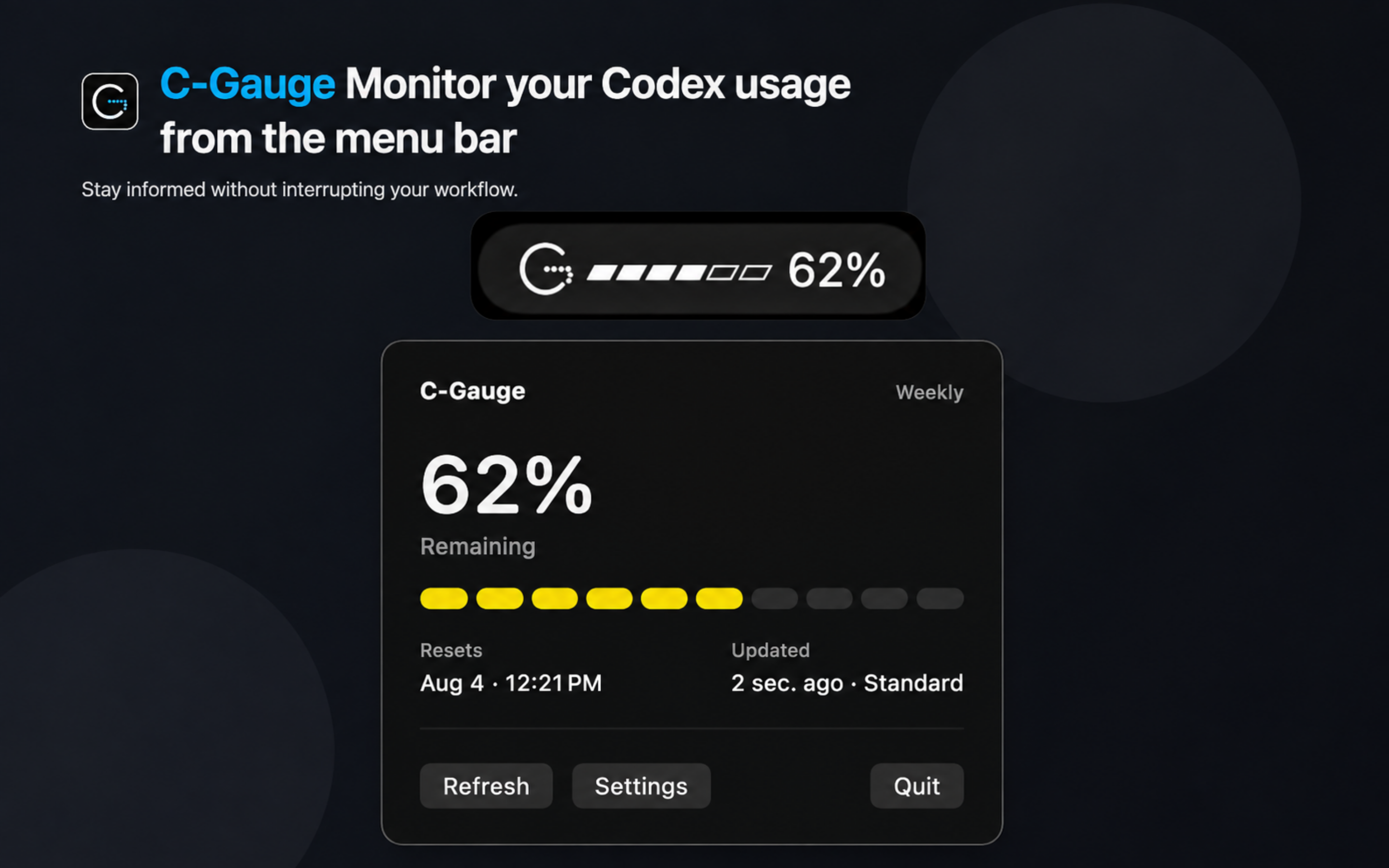 C-Gauge dashboard showing the current Codex usage overview