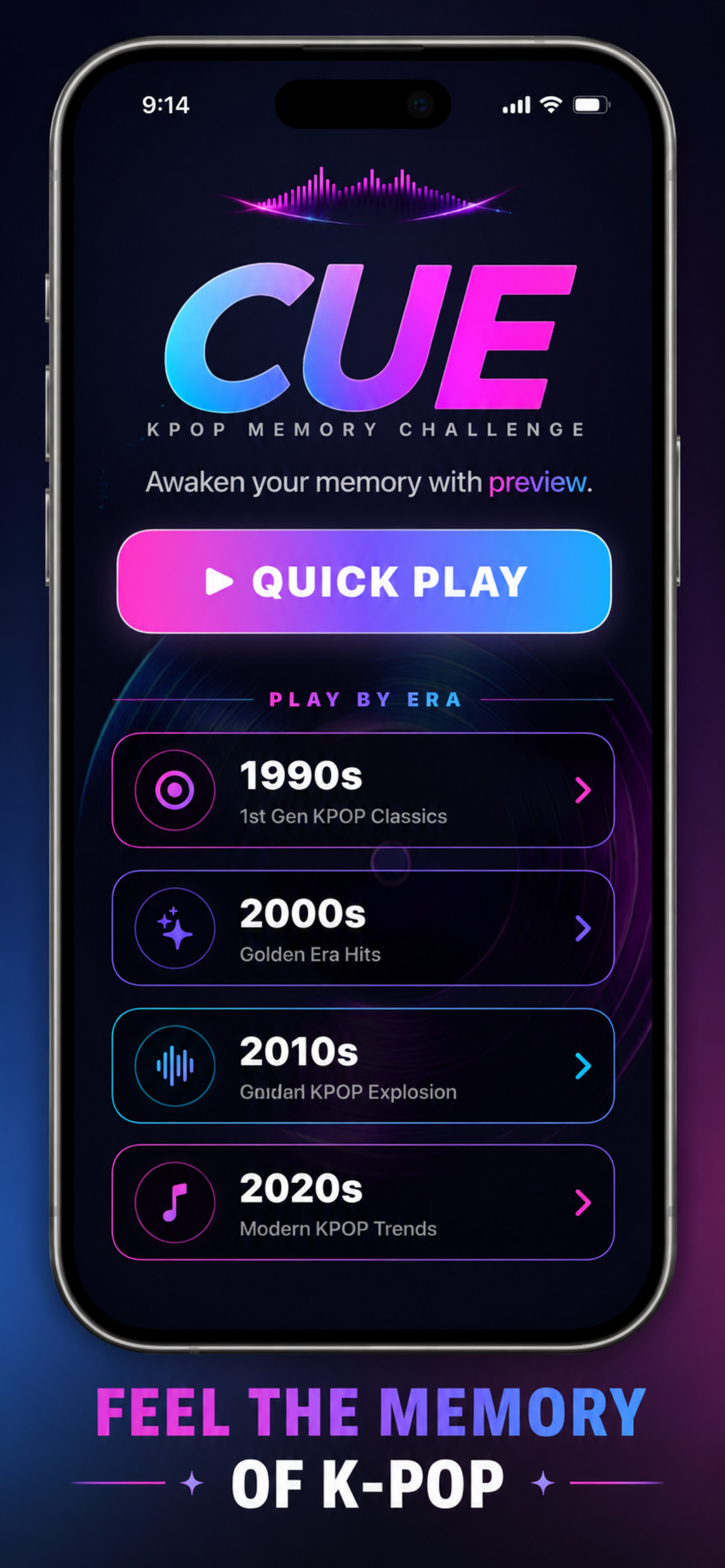 CUE home screen showing the English interface and short preview challenge