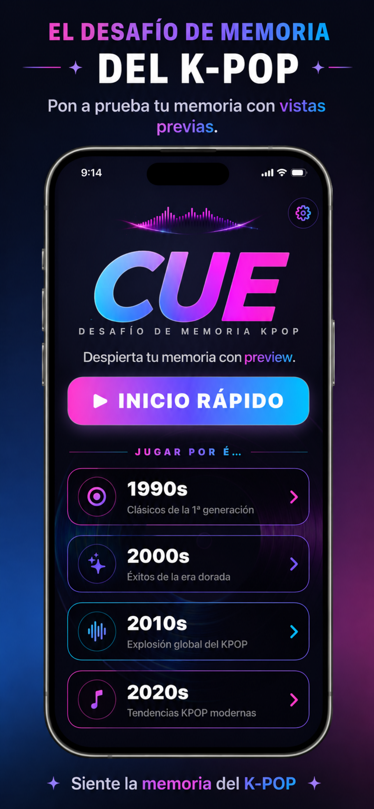 Pantalla de inicio de CUE con desafío de preview corto