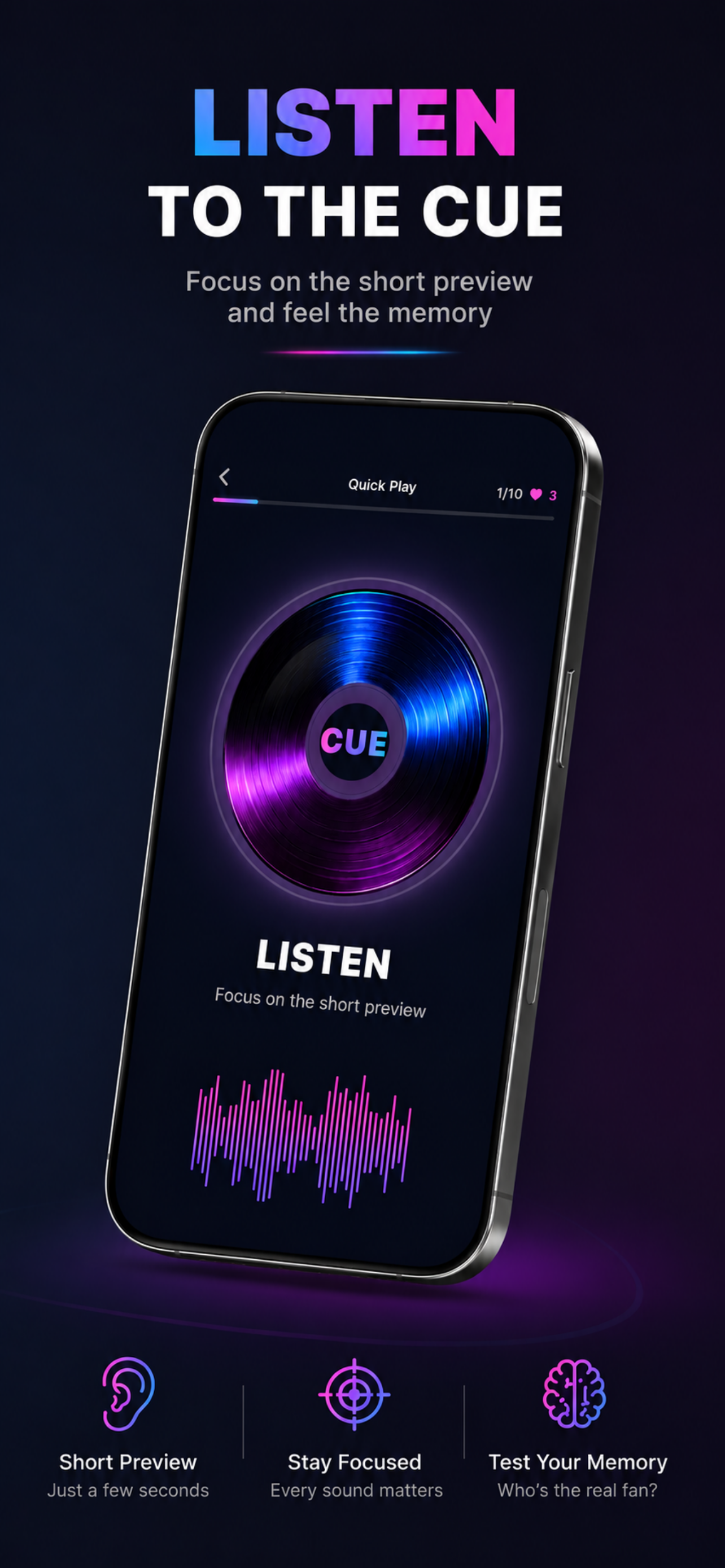 CUE playing screen with waveform and preview timer