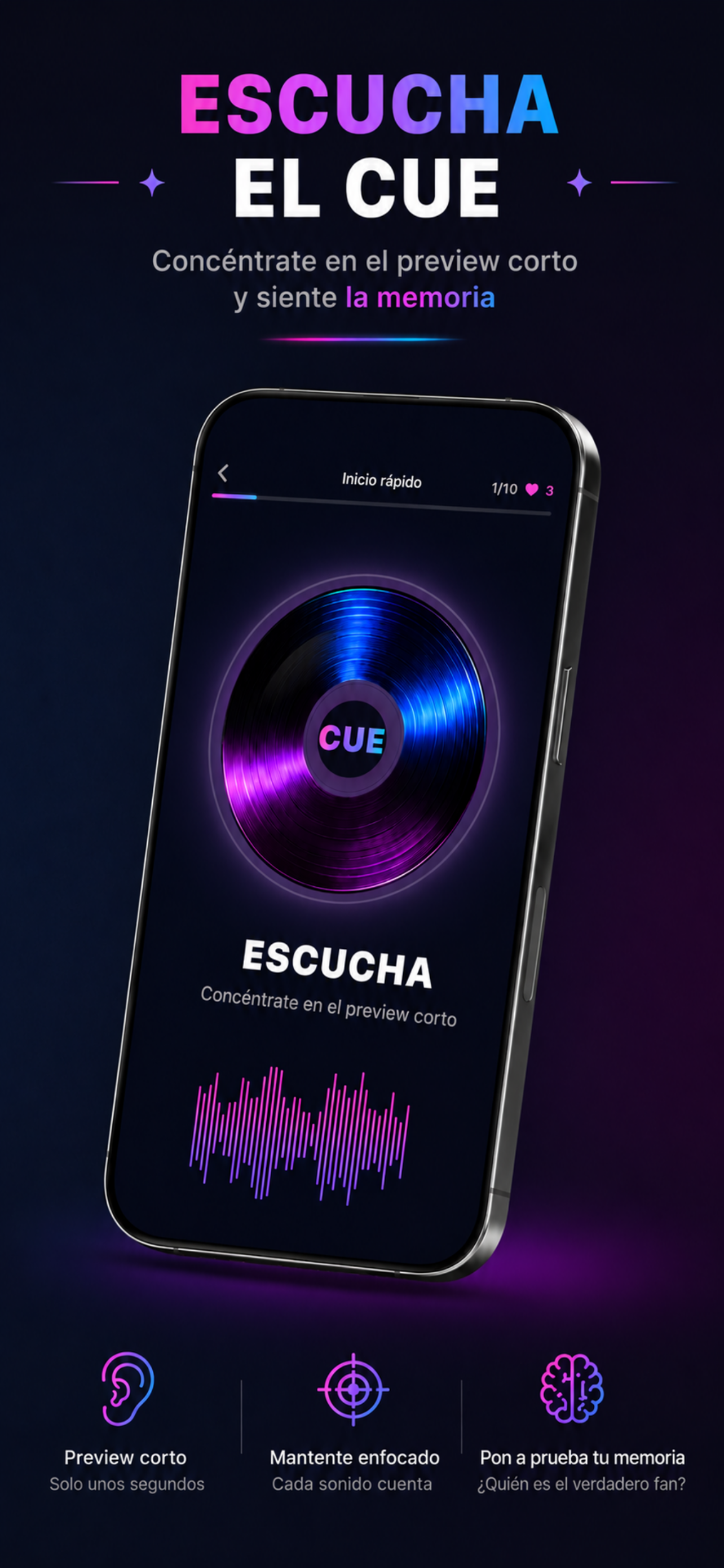 Pantalla de juego de CUE con waveform y temporizador