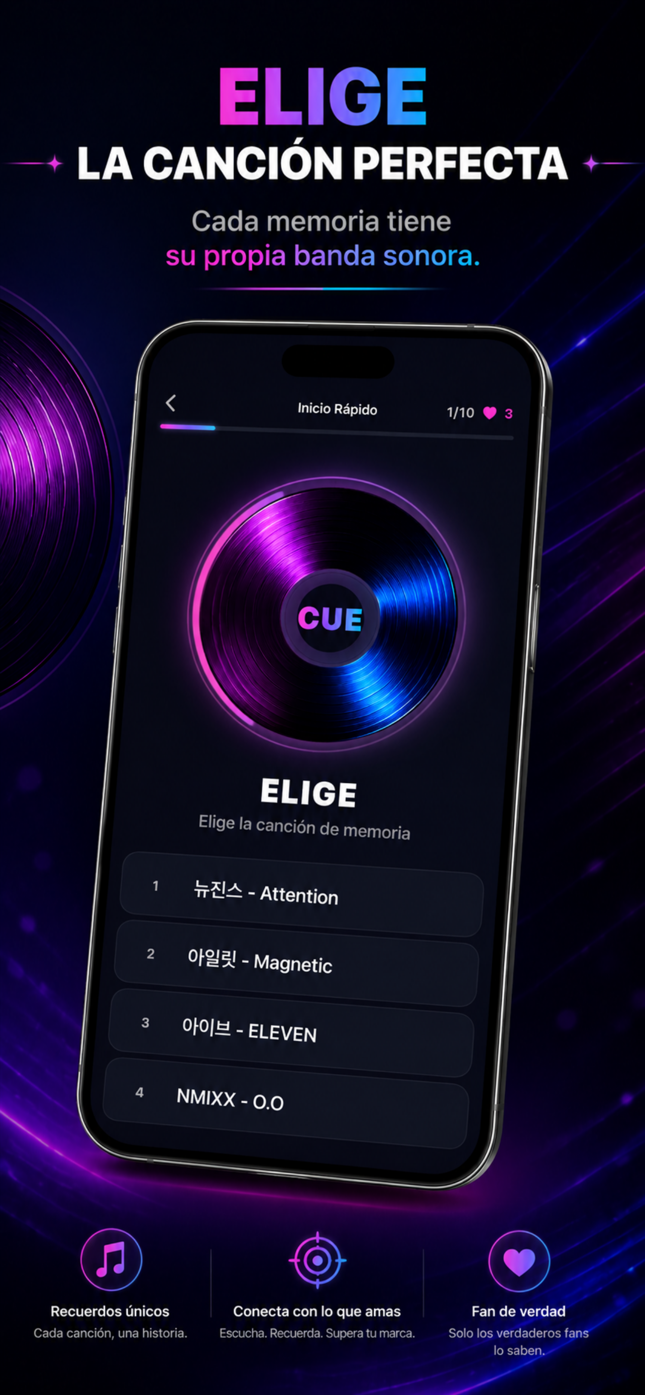 Pantalla de elección de CUE con varias opciones de respuesta