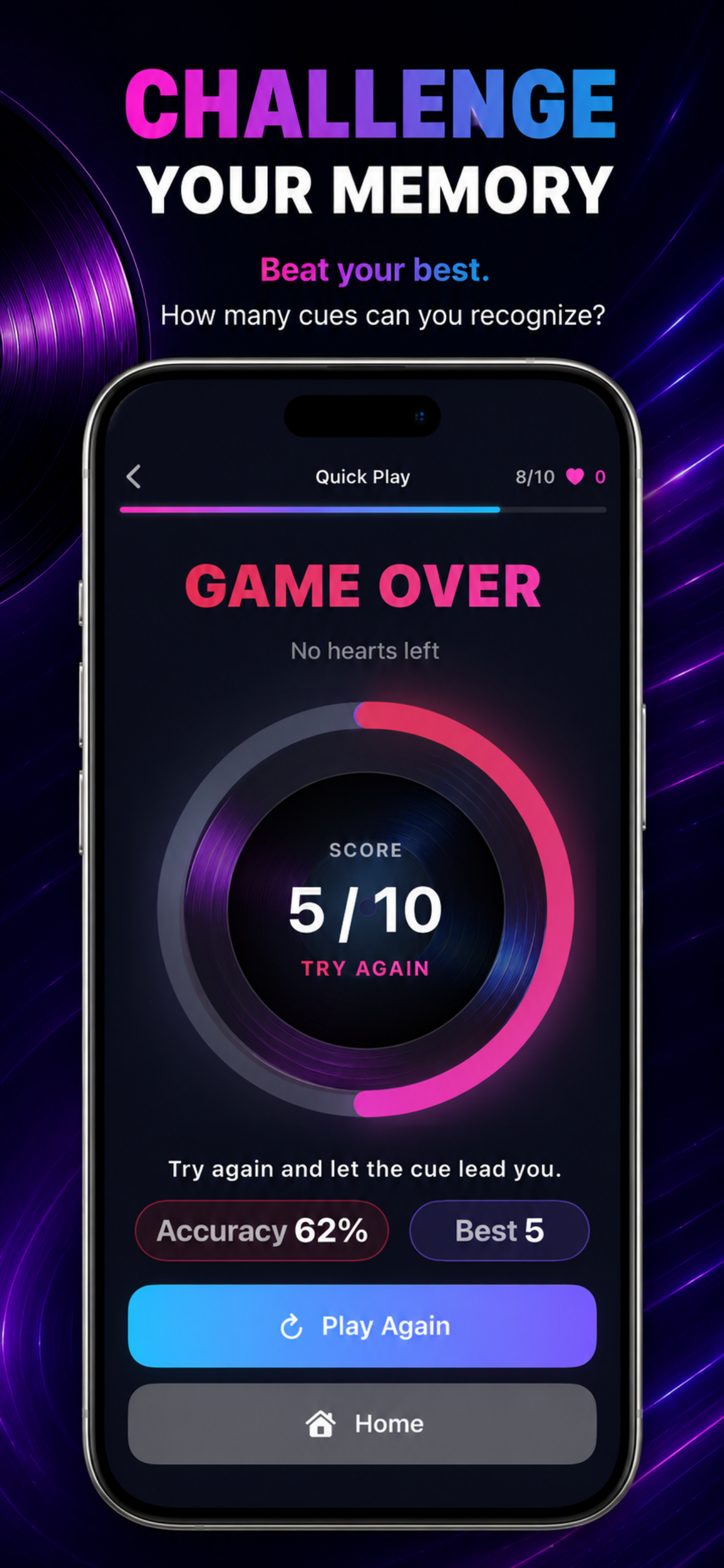 CUE session complete screen showing score summary and replay prompt