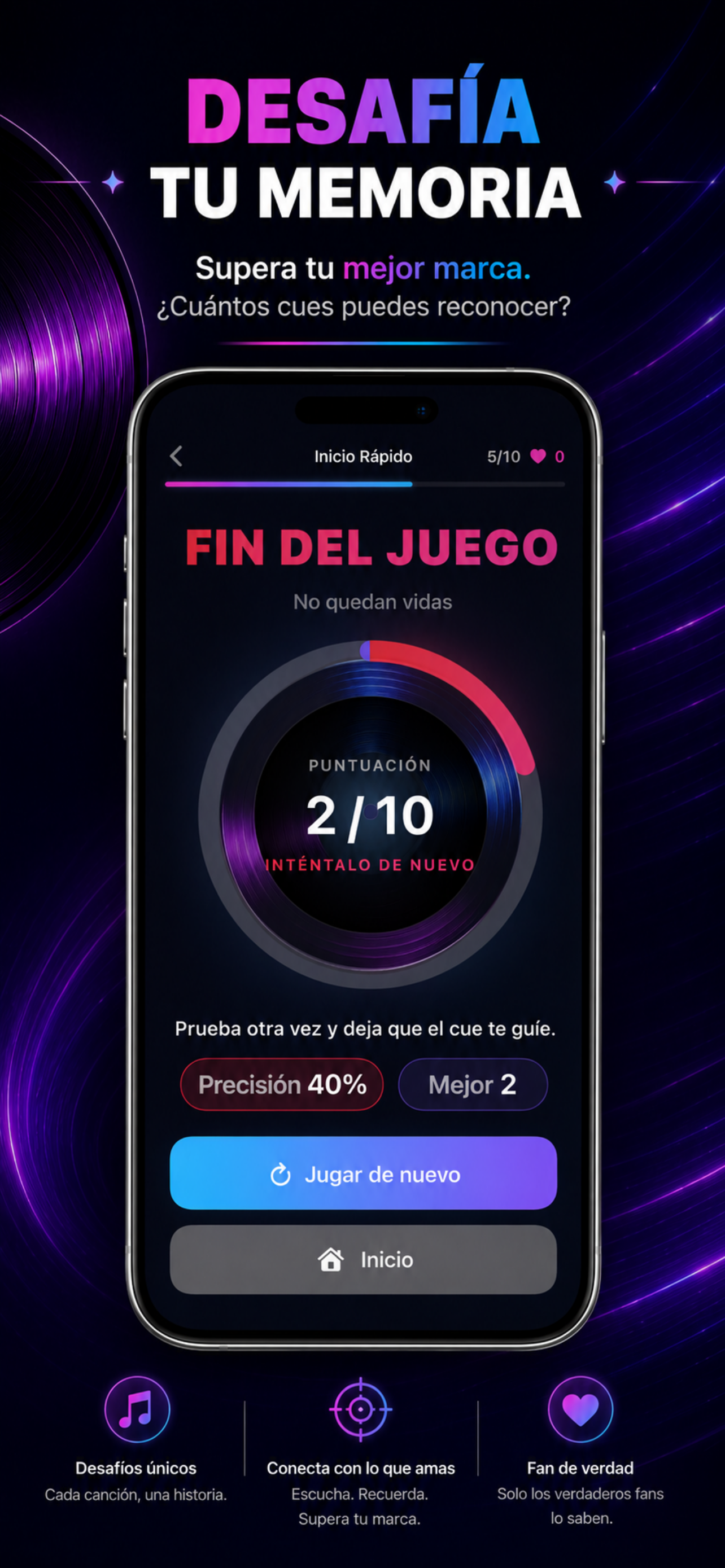 Pantalla de sesión completa de CUE con resumen de puntuación y repetir